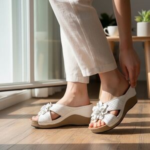 Lucita White Wedge Sandals with Floral Detail Size 6 New